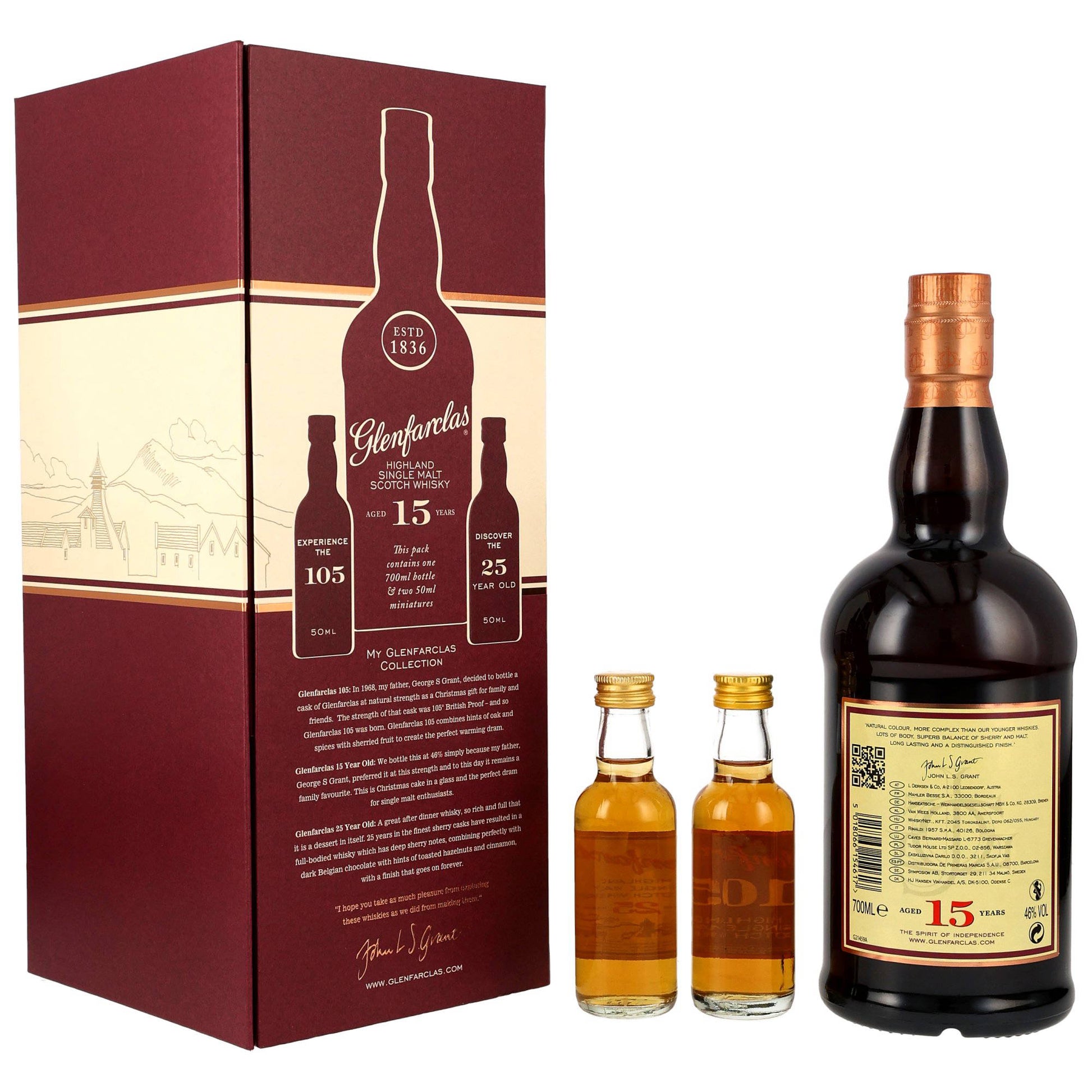 Glenfarclas 15 Geschenk-Set - mit 105 Cask Strength & 25 Jahre Miniatur